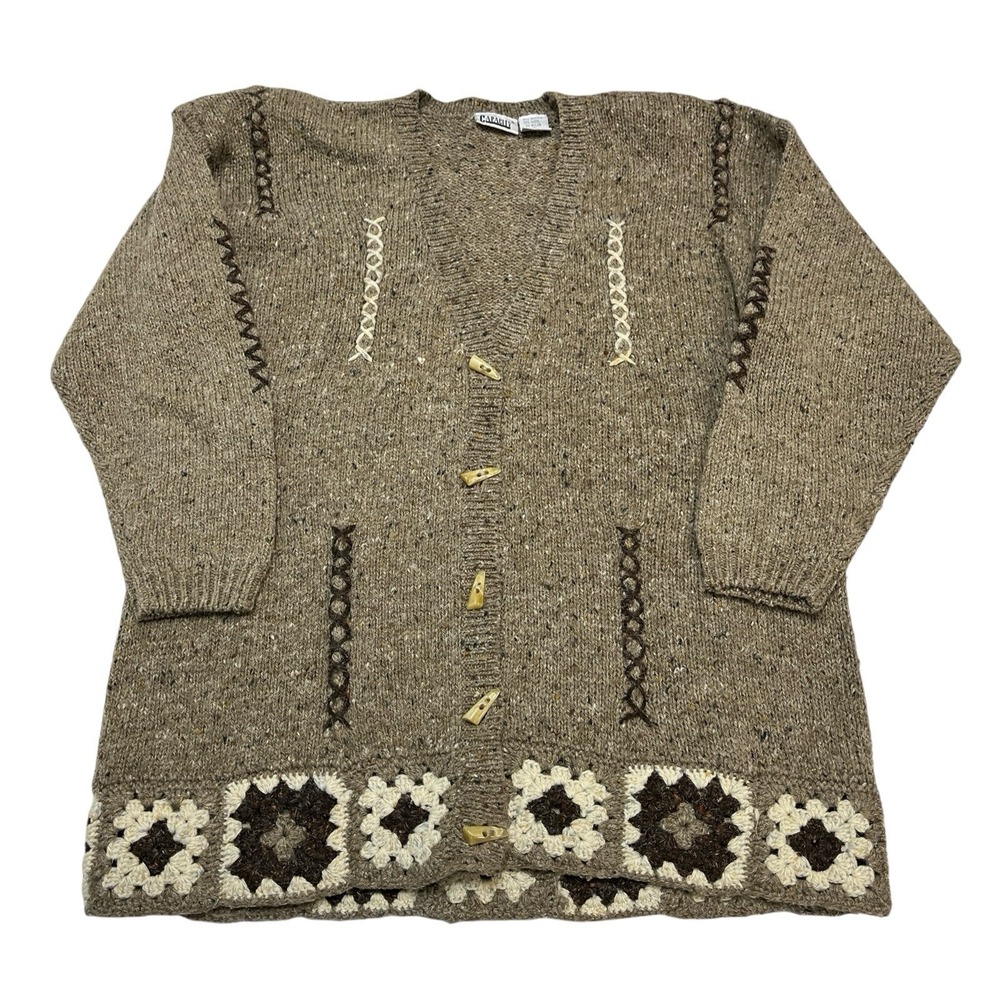 Capacity Sweater Women L Tan Wool Blend Grandma Square Crochet Trim Boho Hippie‎